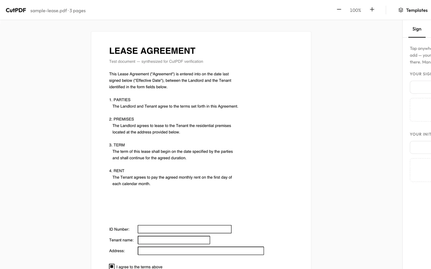 CutPDF with a lease agreement open and the Sign panel ready