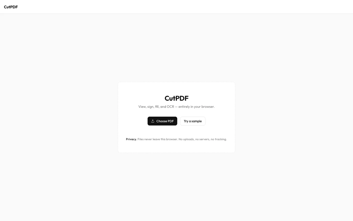 CutPDF start screen: choose a PDF or try a sample, with a note that files never leave the browser