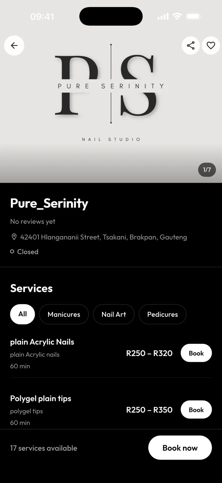 A salon profile in CutQ in dark mode