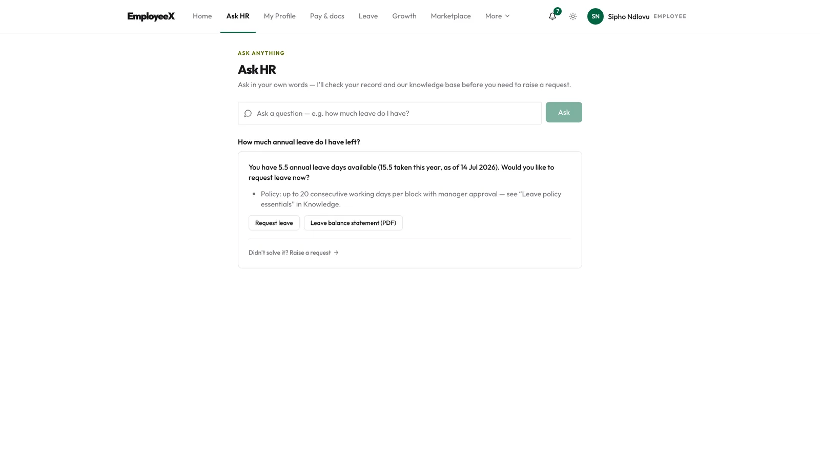 EmployeeX Ask HR answering an employee's leave-balance question