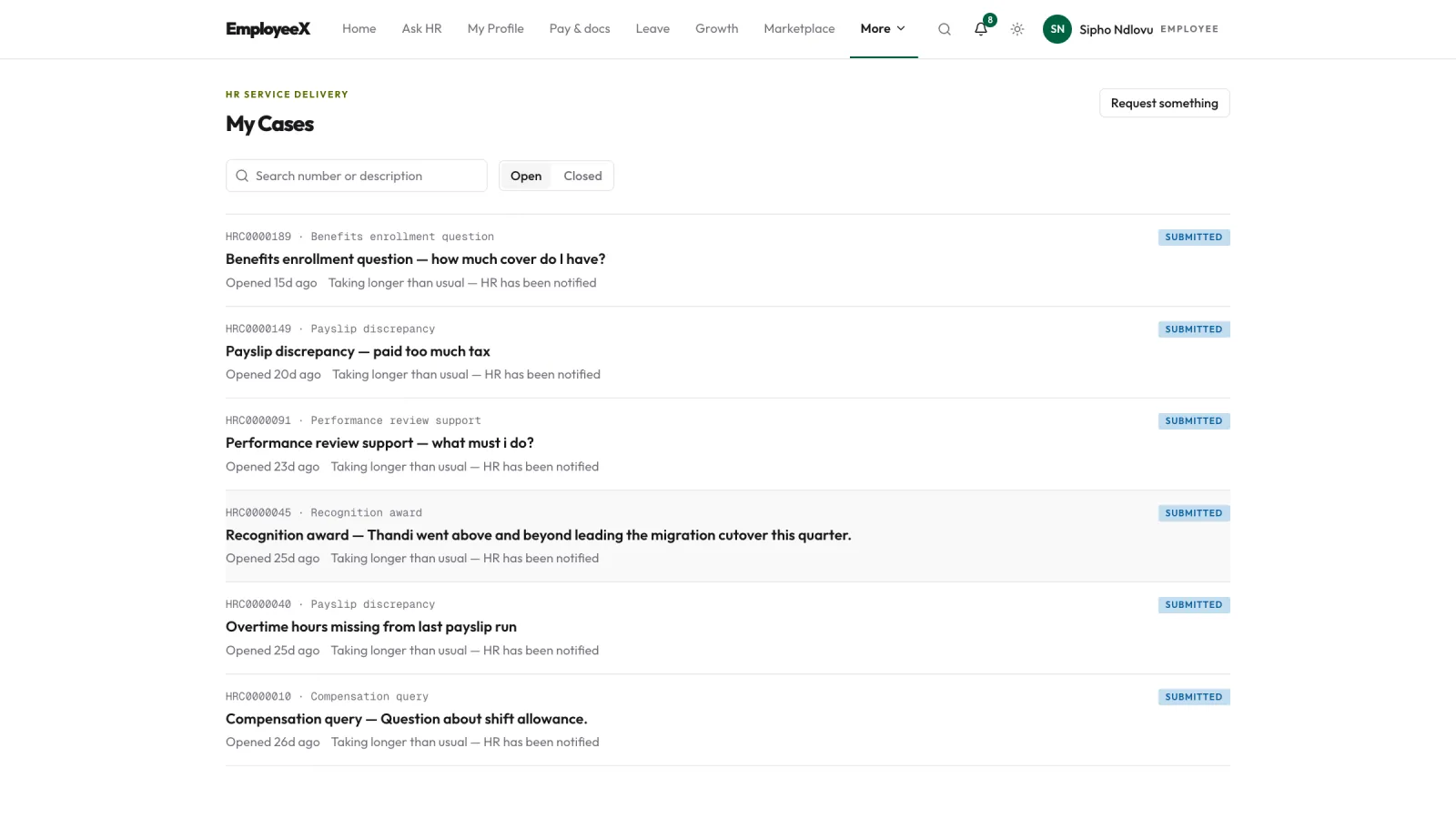 EmployeeX My Cases: open HR requests with their status
